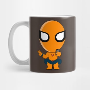 hero in orange and blue costume take picture of himself Mug